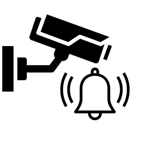 dessin d'une cloche qui vibre et d'une caméra de surveillance pour illustrer les prestations en systèmes de sécurité et alarmes - foray perraud électricité