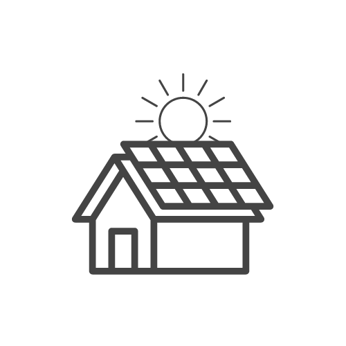 dessin d'une maison et d'un soleil, au sein d'un rond blanc, pour illustrer les prestations autour des panneaux solaires photovoltaïques - foray perraud électricité