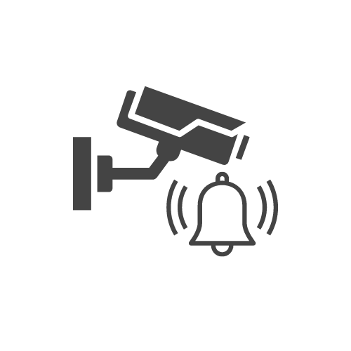 dessin d'une cloche qui vibre et d'une caméra de surveillance, au sein d'un rond blanc, pour illustrer les prestations en systèmes de sécurité et alarmes - foray perraud électricité