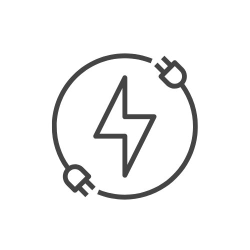 dessin d'un éclair de courant, entouré de prises, au sein d'un rond blanc, pour illustrer les prestations en électricité générale - foray perraud électricité